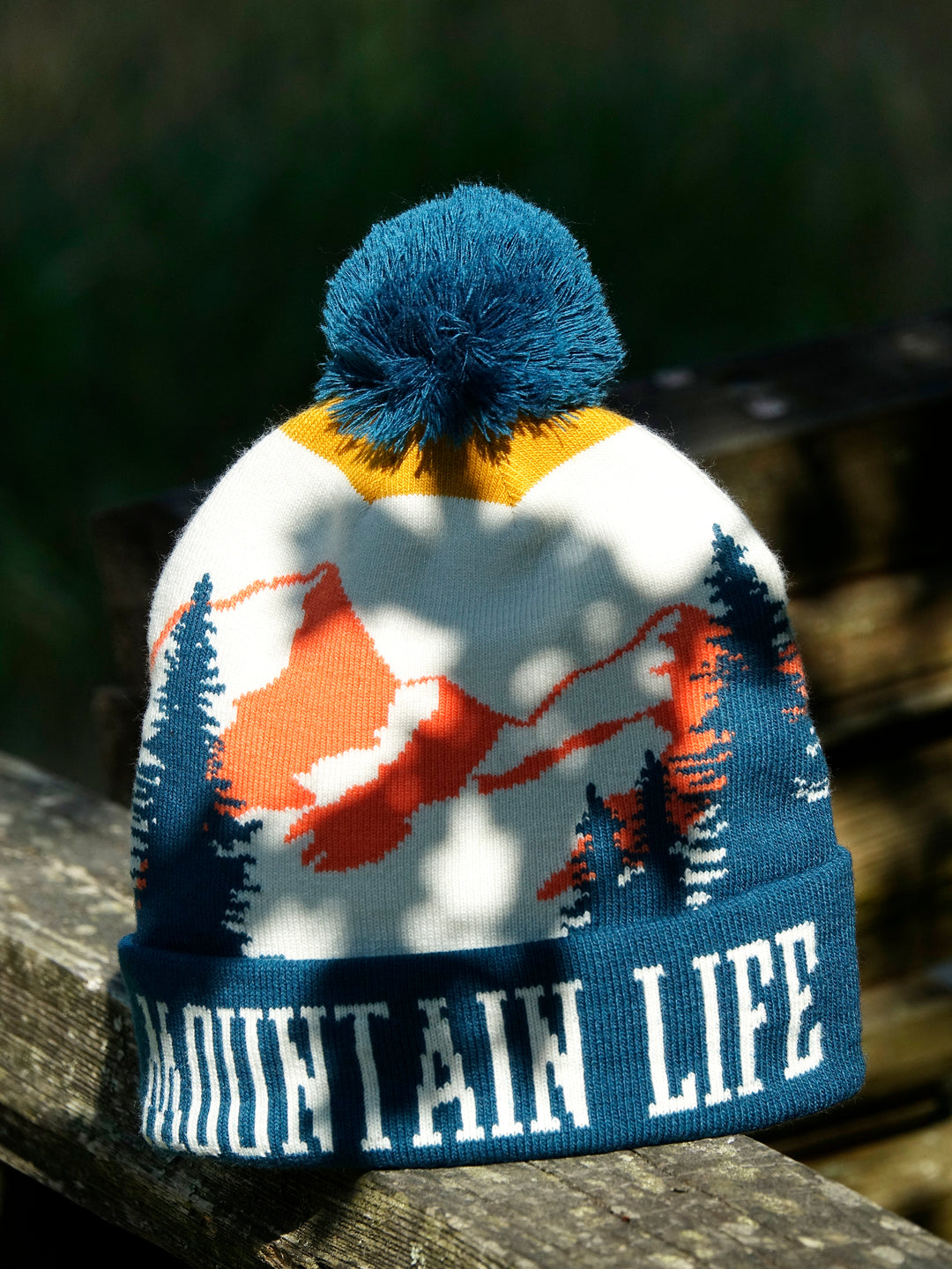 Mountain Life Knit Beanie Winter Hat with Pom Pom Outdoor Hiking Adventure Style