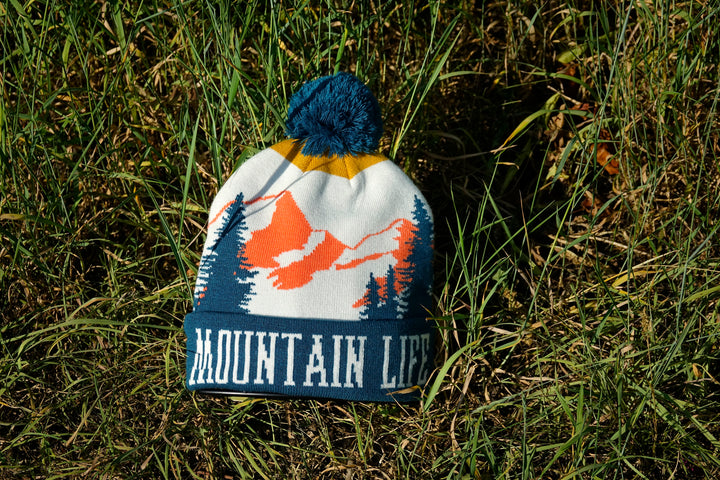 Mountain Life Knit Beanie Winter Hat with Pom Pom Outdoor Hiking Adventure Style