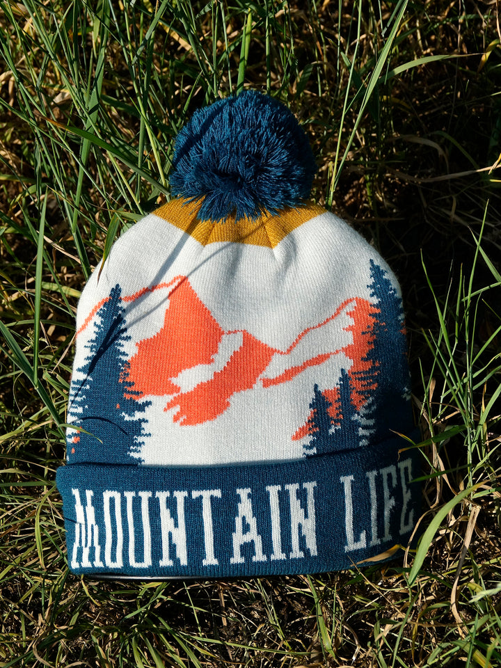Mountain Life Knit Beanie Winter Hat with Pom Pom Outdoor Hiking Adventure Style