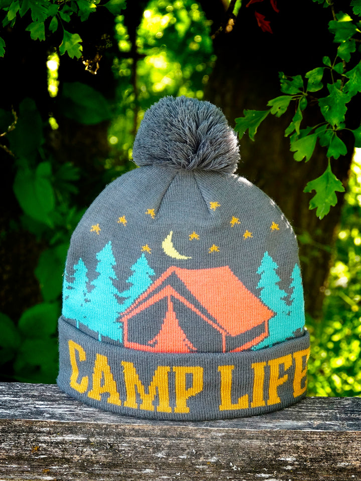 Camp Life Beanie Hat Outdoor Camping Knit Cap with Tent Moon Night Sky Pom Pom