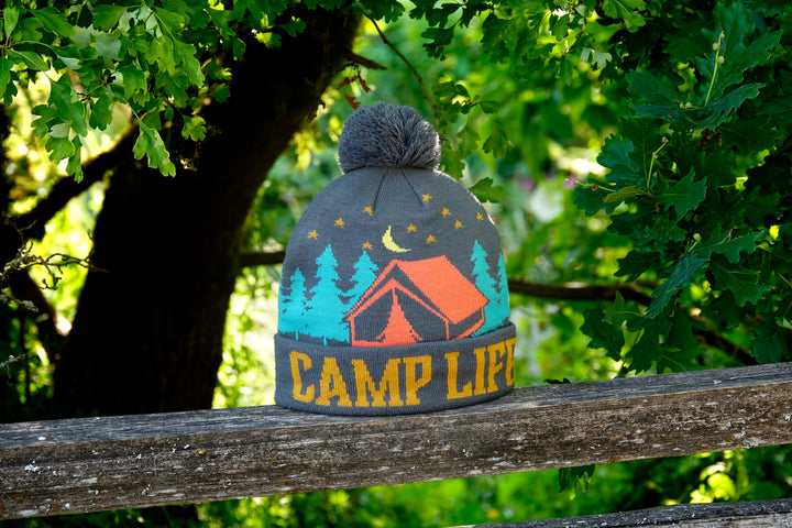Camp Life Beanie Hat Outdoor Camping Knit Cap with Tent Moon Night Sky Pom Pom