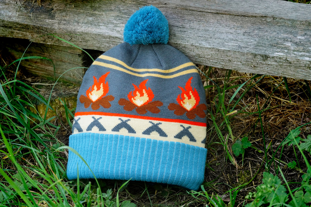 Campfire Beanie Hat with Pom Pom Winter Knit Cap Outdoor Camping Bonfire Warm Hat