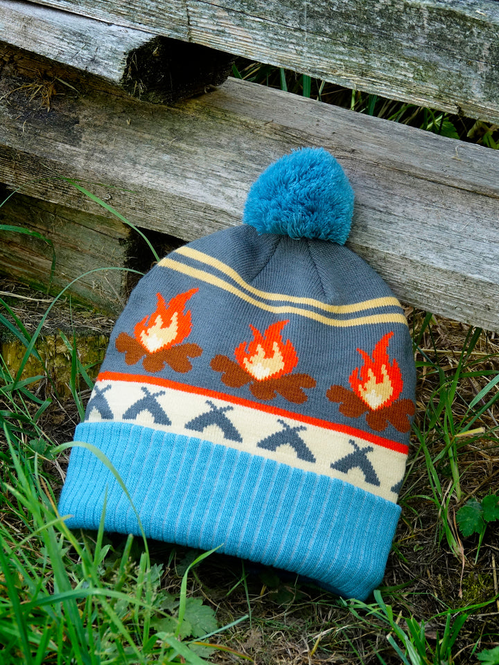 Campfire Beanie Hat with Pom Pom Winter Knit Cap Outdoor Camping Bonfire Warm Hat