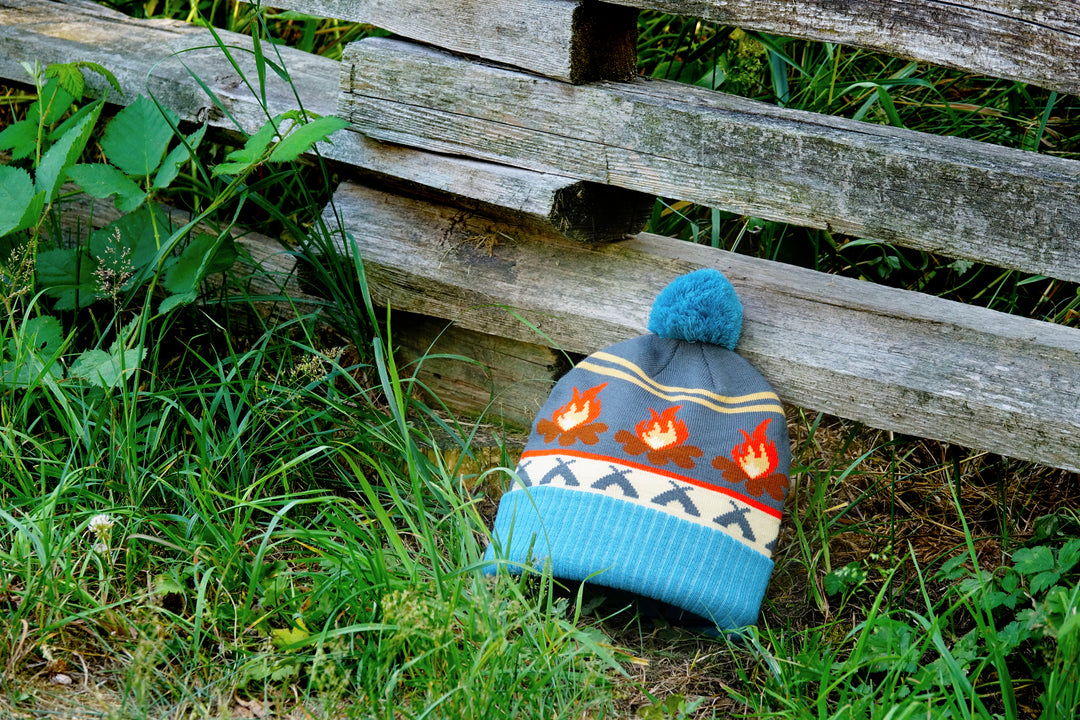 Campfire Beanie Hat with Pom Pom Winter Knit Cap Outdoor Camping Bonfire Warm Hat