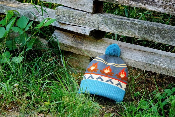Campfire Beanie Hat with Pom Pom Winter Knit Cap Outdoor Camping Bonfire Warm Hat