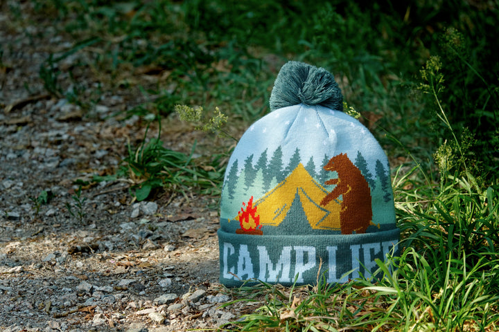 Camp Life Beanie with Bear, Tent and Campfire Design, Warm Knit Hat for Hiking