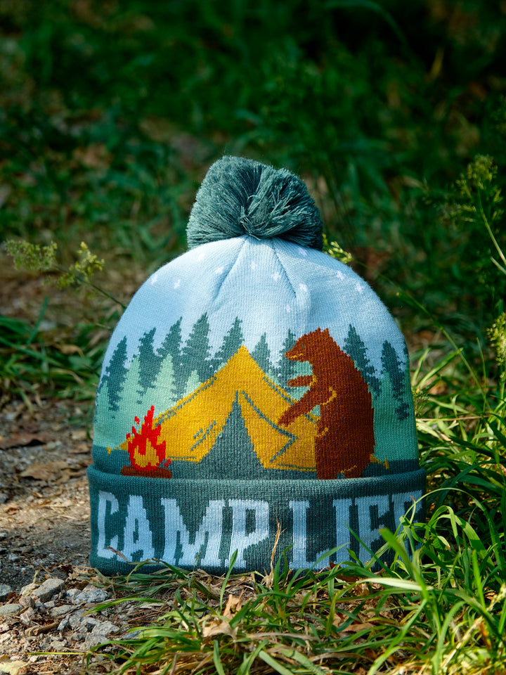 Camp Life Beanie with Bear, Tent and Campfire Design, Warm Knit Hat for Hiking