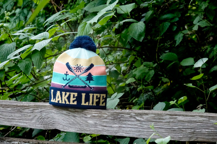 Lake Life Knit Beanie Winter Hat with Pom Pom Outdoor Canoe Adventure Camping Style