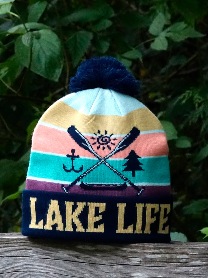 Lake Life Knit Beanie Winter Hat with Pom Pom Outdoor Canoe Adventure Camping Style