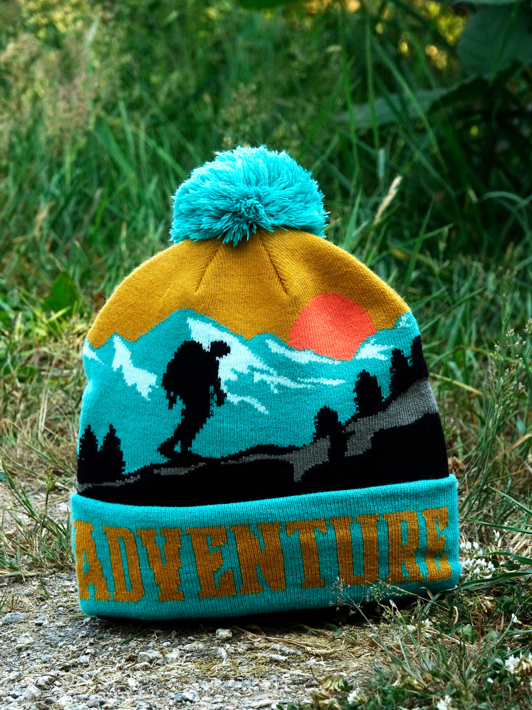 Adventure Beanie with Mountain Hiking Sunset Design, Warm Knit Hat for Outdoor Camping