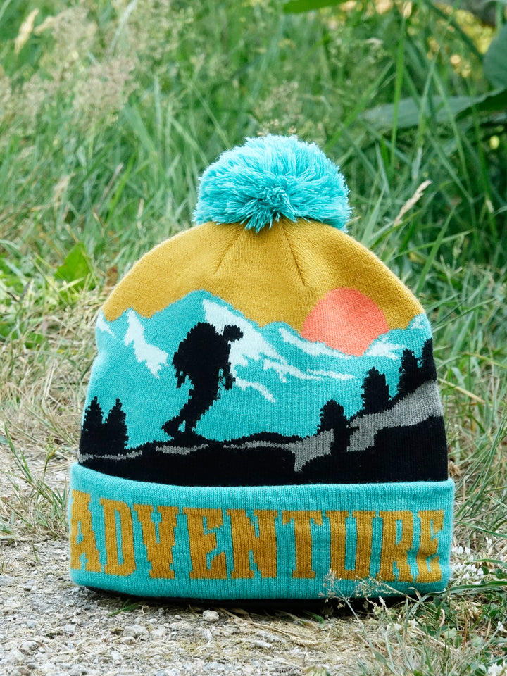 Adventure Beanie with Mountain Hiking Sunset Design, Warm Knit Hat for Outdoor Camping