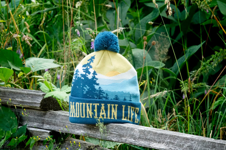 Mountain Life Knit Beanie Pom Pom Winter Hat for Hiking Camping Outdoor Adventure