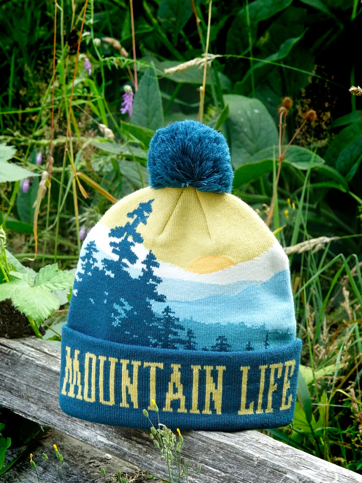 Mountain Life Knit Beanie Pom Pom Winter Hat for Hiking Camping Outdoor Adventure