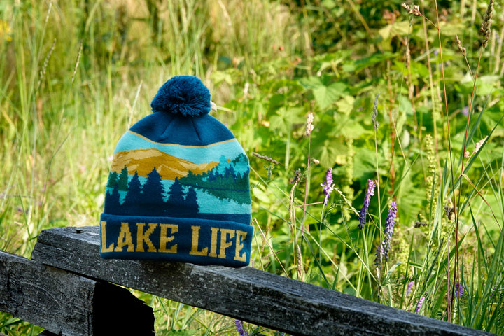 Lake Life Knit Beanie Winter Hat with Pom Pom Scenic Mountain Lake Camping Style
