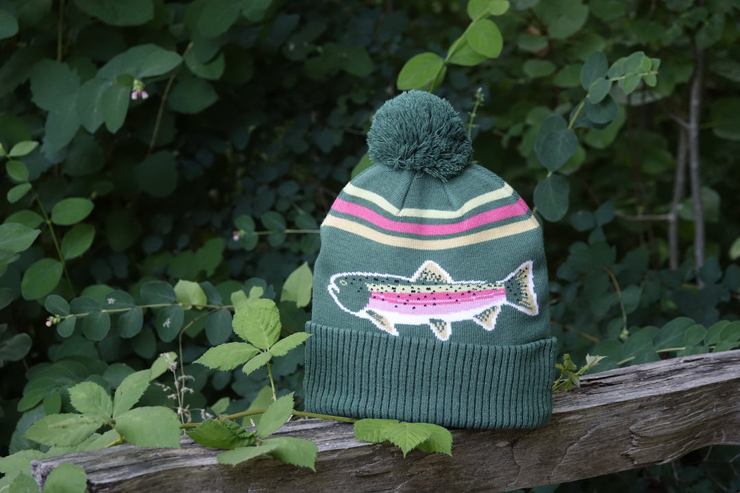 Rainbow Trout Knit Beanie Winter Hat with Pom Pom Fishing Outdoor Cabin Style