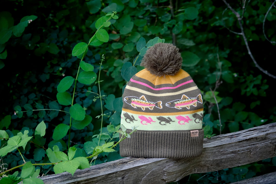 Rainbow Trout Knit Beanie with Pom Pom Winter Hat Fishing Lure Outdoor Camp Gear