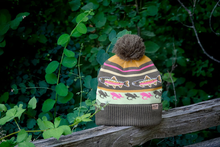 Rainbow Trout Knit Beanie with Pom Pom Winter Hat Fishing Lure Outdoor Camp Gear