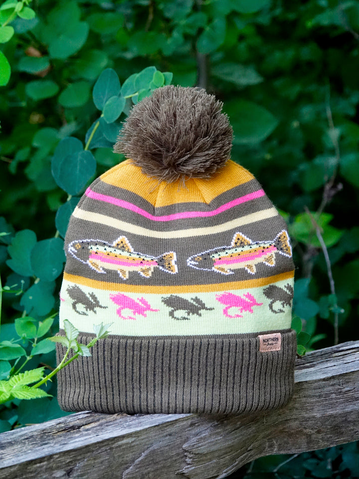 Rainbow Trout Knit Beanie with Pom Pom Winter Hat Fishing Lure Outdoor Camp Gear