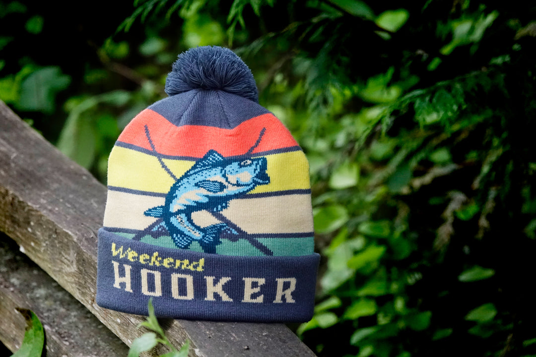 Weekend Hooker Knit Beanie Winter Hat with Pom Pom Fishing Bass Outdoor Cabin Style