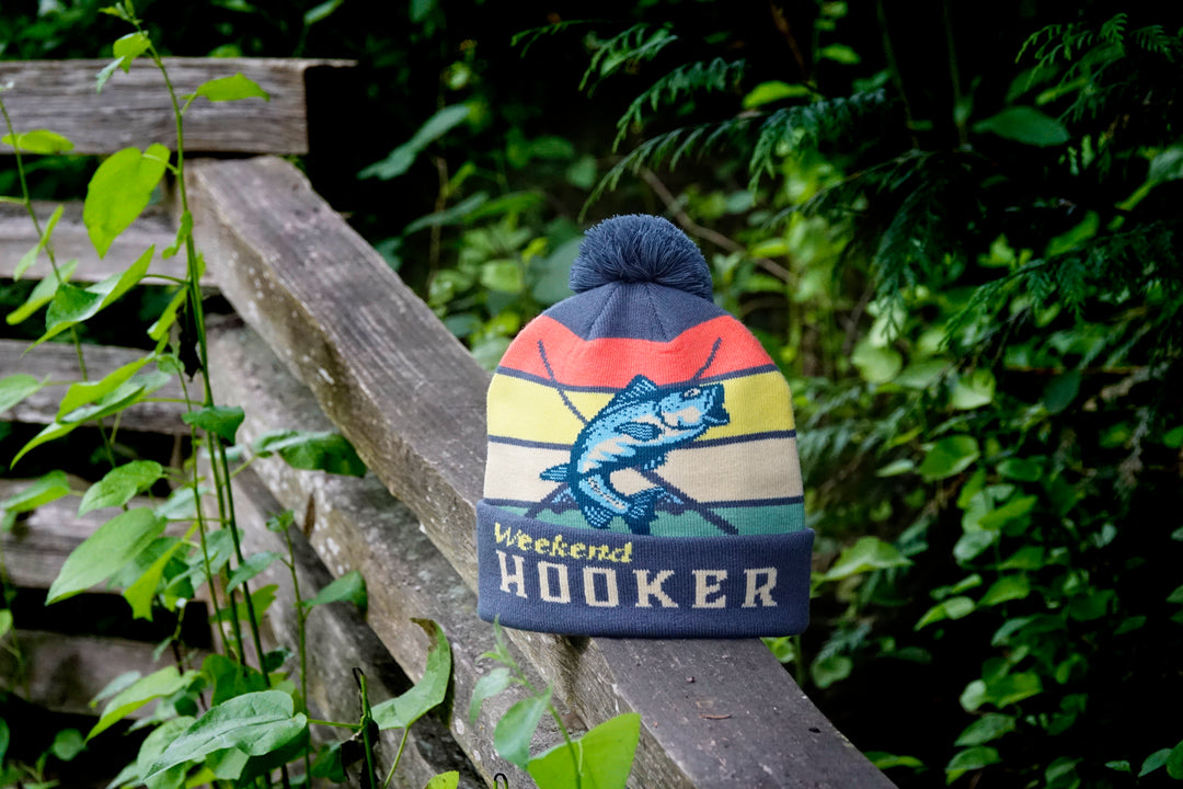 Weekend Hooker Knit Beanie Winter Hat with Pom Pom Fishing Bass Outdoor Cabin Style