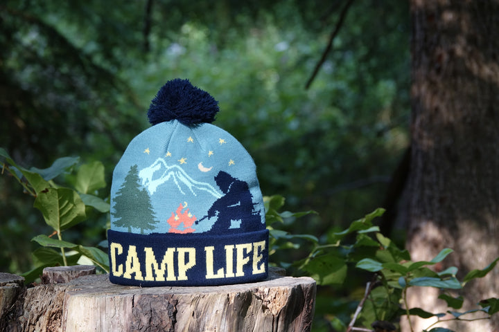 Camp Life Beanie Hat Outdoor Hiking Camping Knit Cap with Mountain Fire Design