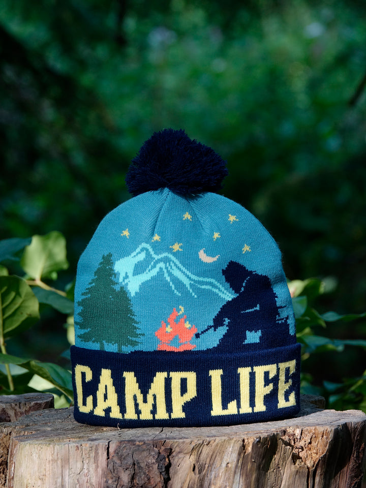 Camp Life Beanie Hat Outdoor Hiking Camping Knit Cap with Mountain Fire Design