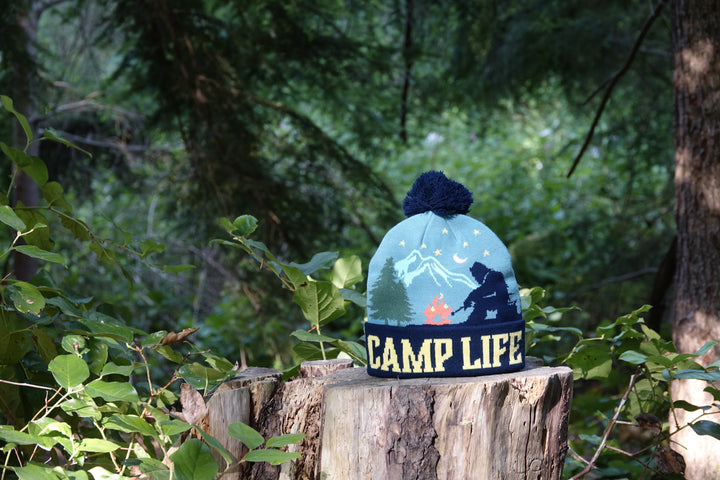 Camp Life Beanie Hat Outdoor Hiking Camping Knit Cap with Mountain Fire Design