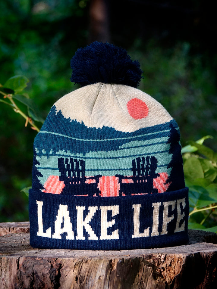 Lake Life Knit Beanie Hat with Pom | Winter Outdoor Campfire Adirondack Chairs Snow Cap