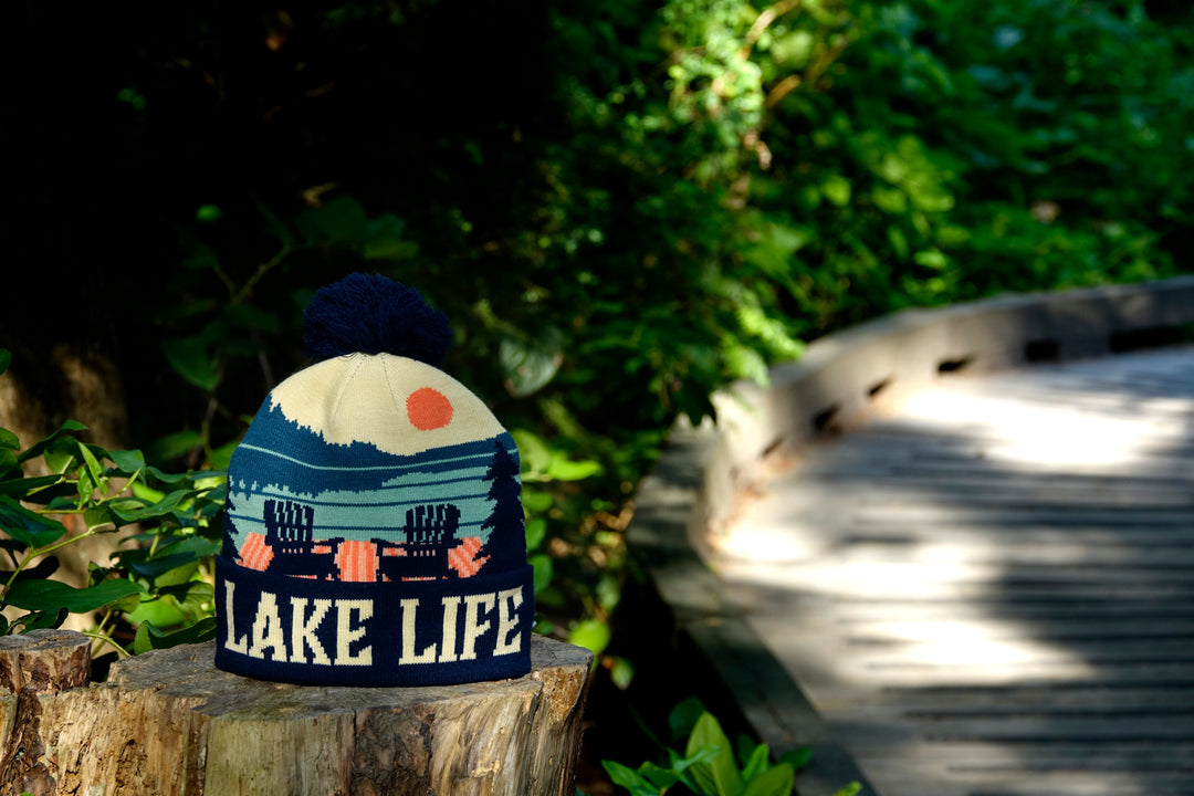 Lake Life Knit Beanie Hat with Pom | Winter Outdoor Campfire Adirondack Chairs Snow Cap