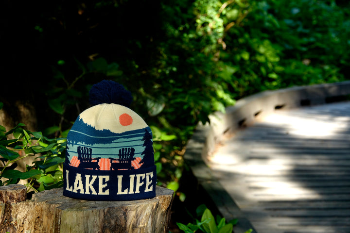Lake Life Knit Beanie Hat with Pom | Winter Outdoor Campfire Adirondack Chairs Snow Cap