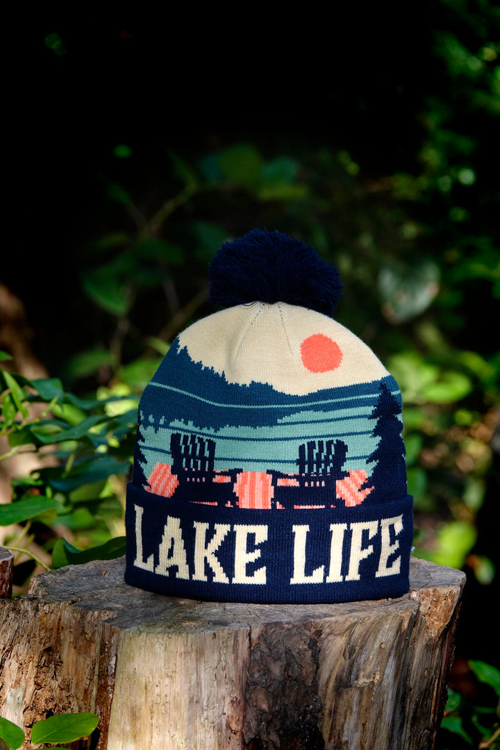 Lake Life Knit Beanie Hat with Pom | Winter Outdoor Campfire Adirondack Chairs Snow Cap
