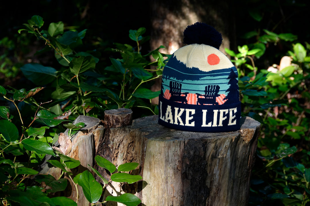 Lake Life Knit Beanie Hat with Pom | Winter Outdoor Campfire Adirondack Chairs Snow Cap