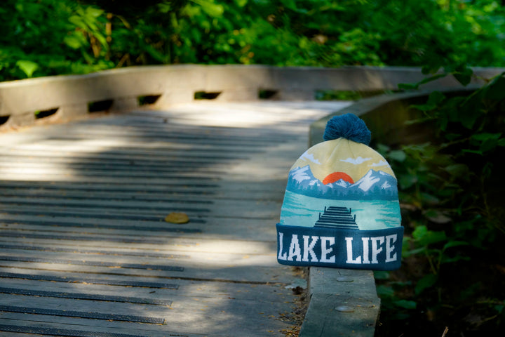 Lake Life Knit Beanie Hat with Pom | Winter Outdoor Sunset Mountain Cabin Snow Cap