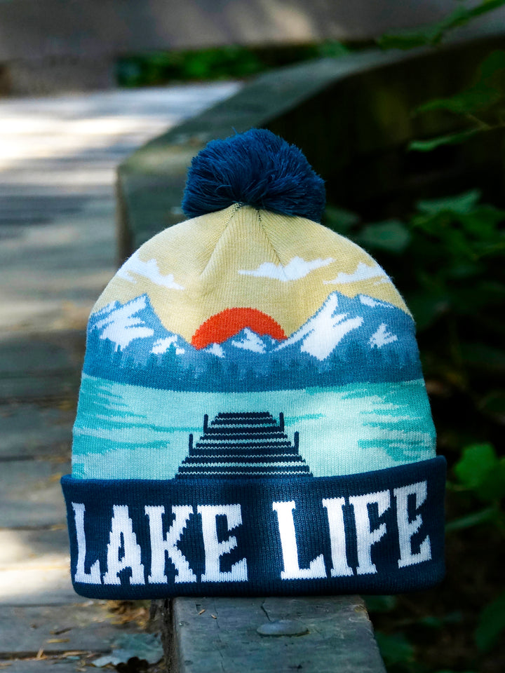 Lake Life Knit Beanie Hat with Pom | Winter Outdoor Sunset Mountain Cabin Snow Cap