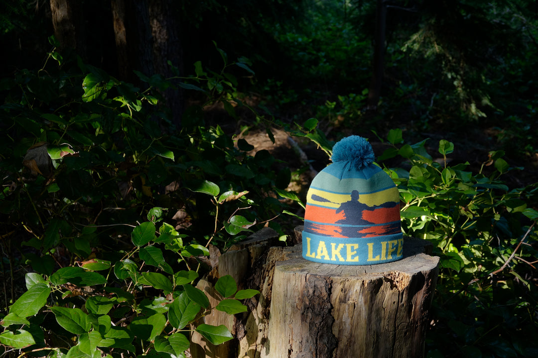 Lake Life Knit Beanie Hat with Pom | Winter Kayak Canoe Sunset Paddling Outdoor Cap