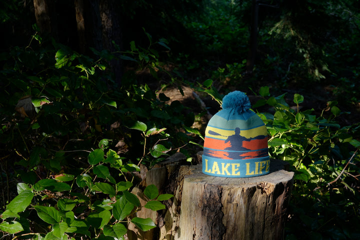 Lake Life Knit Beanie Hat with Pom | Winter Kayak Canoe Sunset Paddling Outdoor Cap