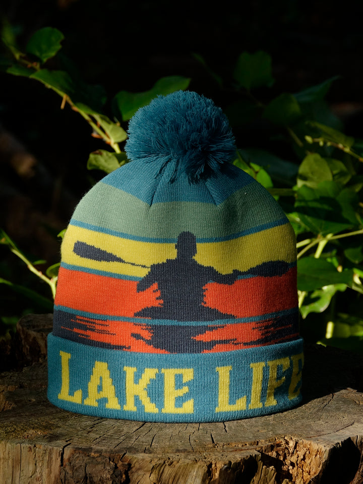 Lake Life Knit Beanie Hat with Pom | Winter Kayak Canoe Sunset Paddling Outdoor Cap
