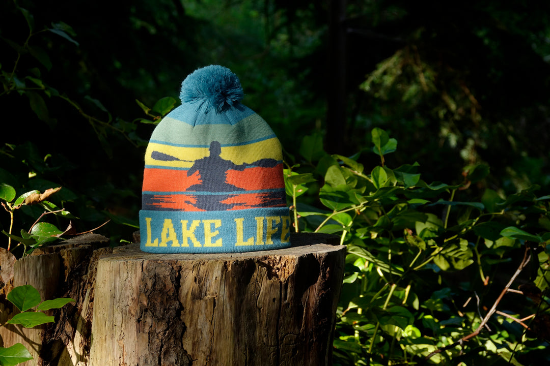 Lake Life Knit Beanie Hat with Pom | Winter Kayak Canoe Sunset Paddling Outdoor Cap