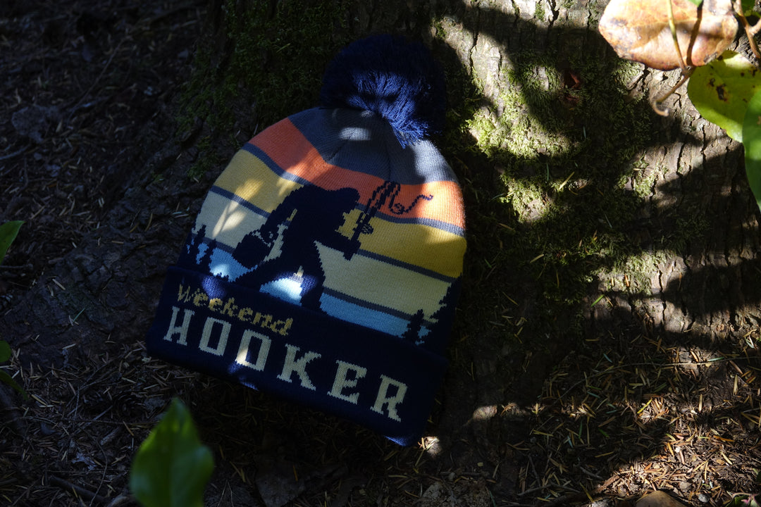 Weekend Hooker Knit Beanie with Pom Pom, Funny Fishing Winter Hat for Outdoorsmen
