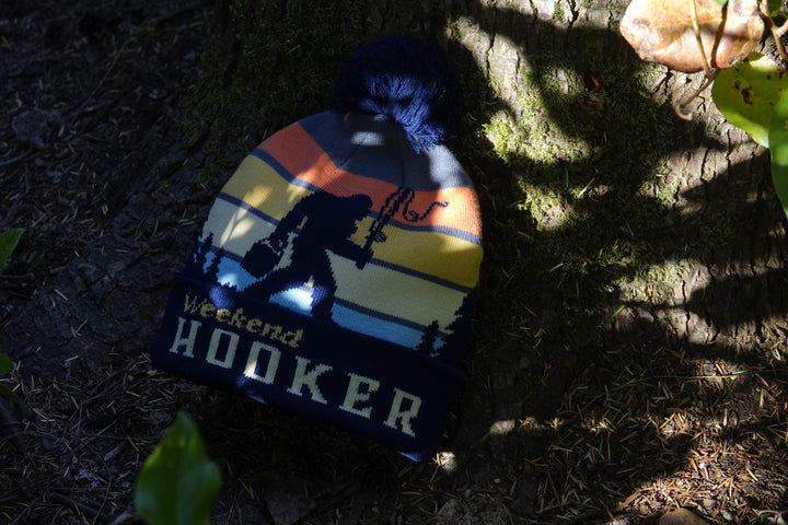 Weekend Hooker Knit Beanie with Pom Pom, Funny Fishing Winter Hat for Outdoorsmen