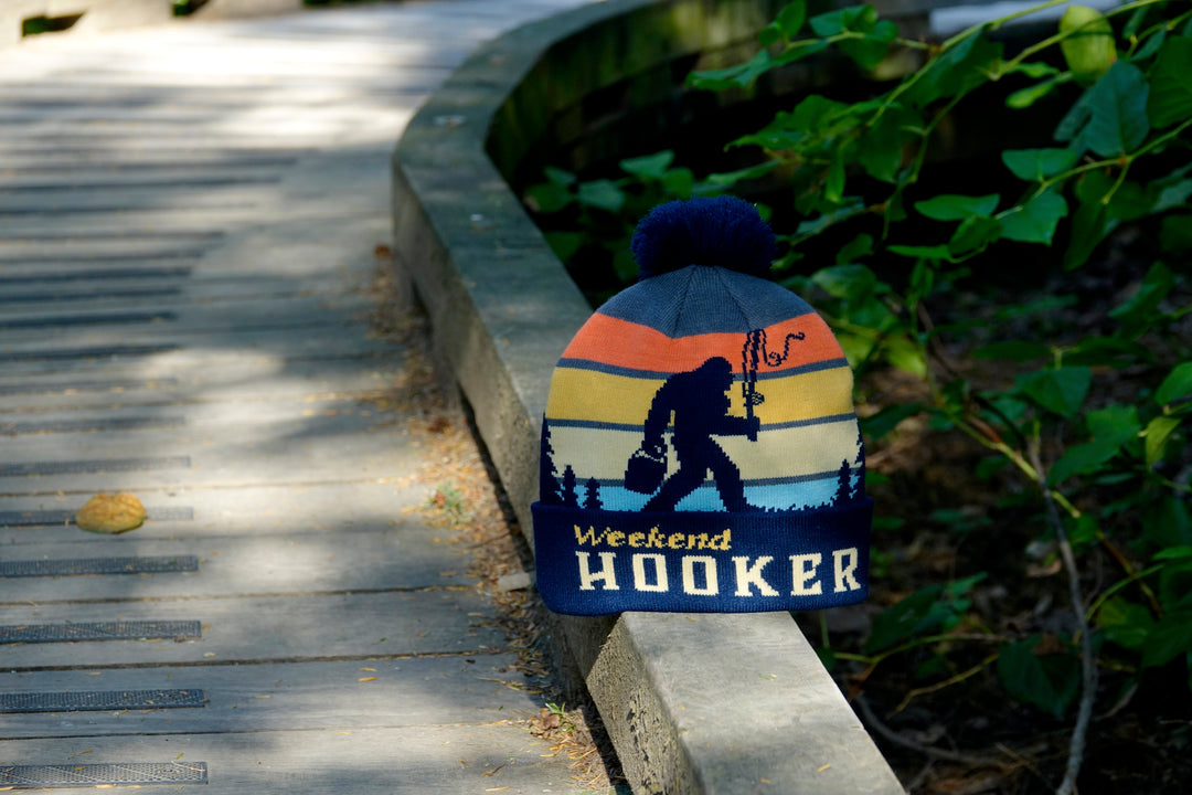 Weekend Hooker Knit Beanie with Pom Pom, Funny Fishing Winter Hat for Outdoorsmen