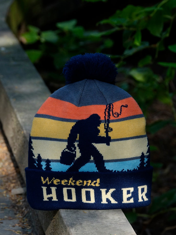 Weekend Hooker Knit Beanie with Pom Pom, Funny Fishing Winter Hat for Outdoorsmen
