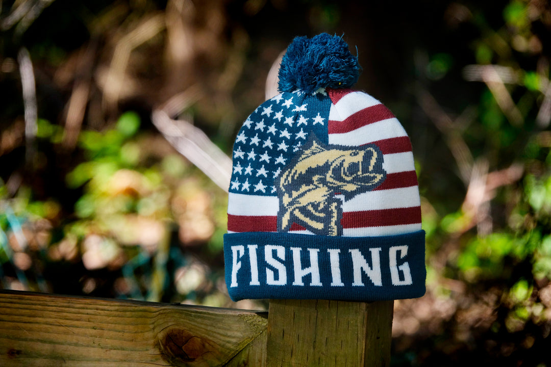 USA Flag Fishing Knit Beanie with Pom Pom Winter Hat Bass Outdoor Lake Gear