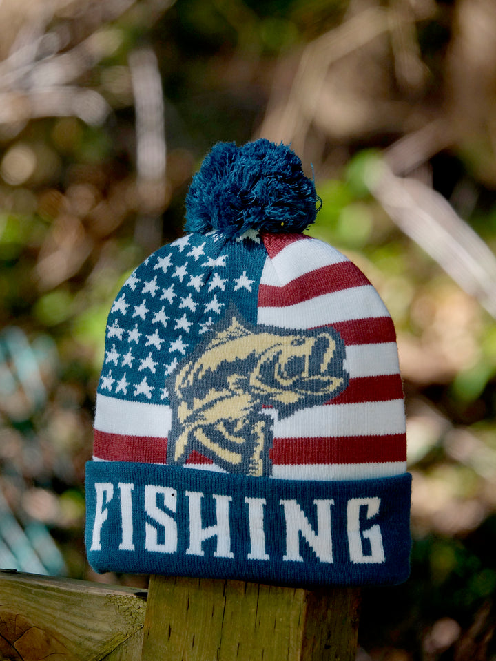 USA Flag Fishing Knit Beanie with Pom Pom Winter Hat Bass Outdoor Lake Gear