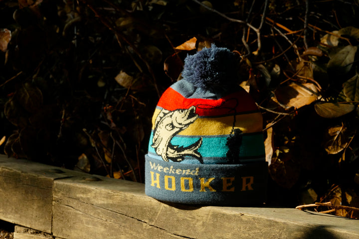 Weekend Fishing Hook Beanie Knit Winter Hat with Pom Pom for Outdoor Anglers