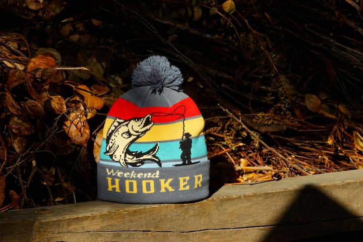 Weekend Fishing Hook Beanie Knit Winter Hat with Pom Pom for Outdoor Anglers