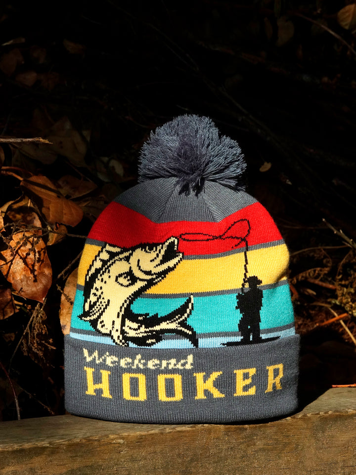 Weekend Fishing Hook Beanie Knit Winter Hat with Pom Pom for Outdoor Anglers