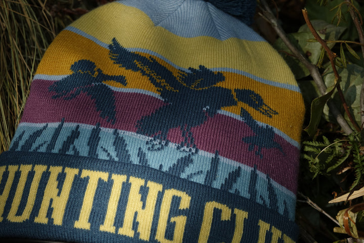 Hunting Club Knit Beanie with Pom Pom, Winter Hat for Bird Hunting Outdoor Sports