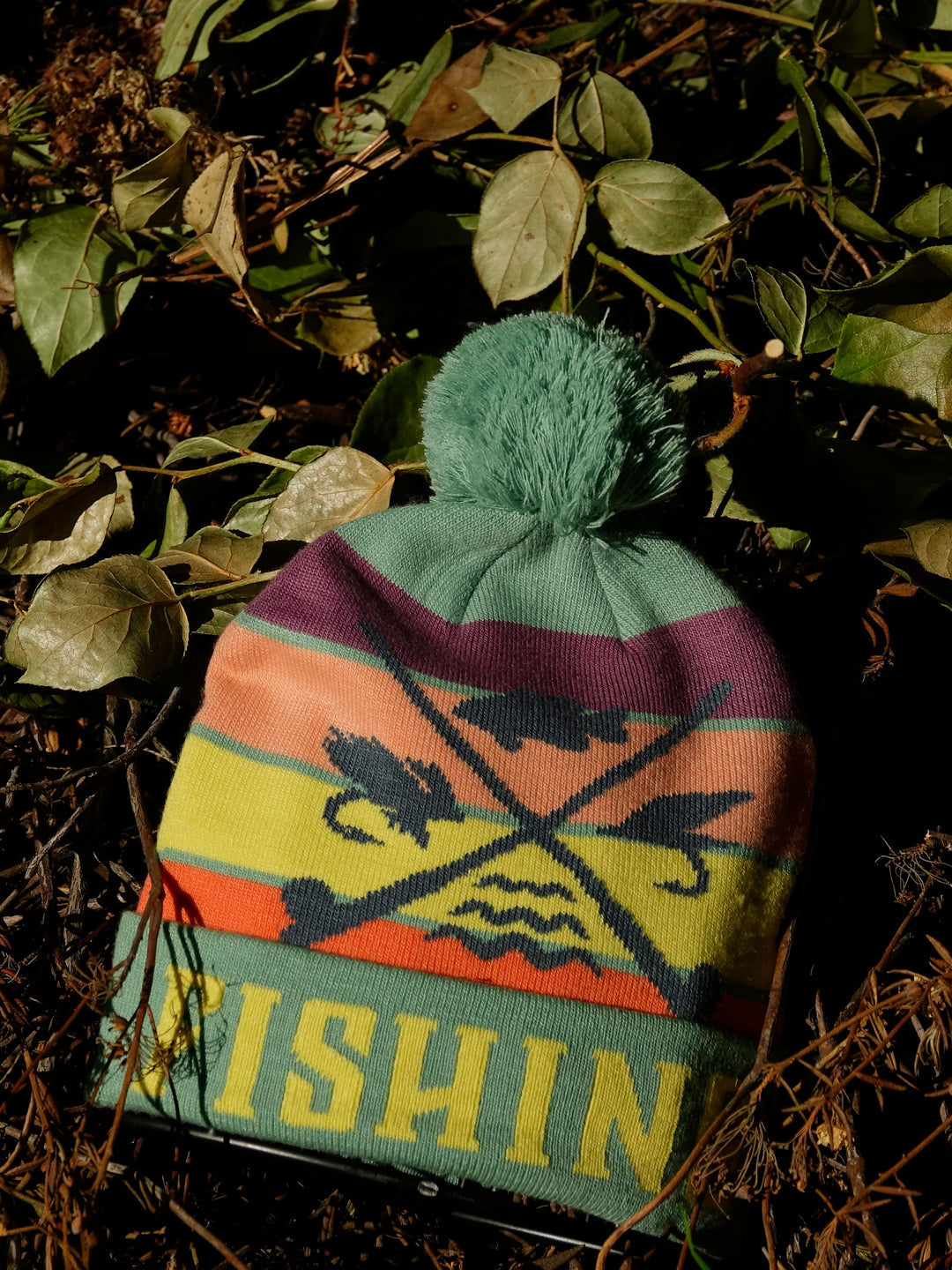 Fishing Knit Beanie Winter Hat with Pom Pom Crossed Rods Outdoor Angler Cabin Style