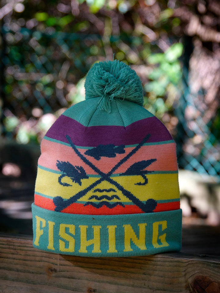 Fishing Knit Beanie Winter Hat with Pom Pom Crossed Rods Outdoor Angler Cabin Style